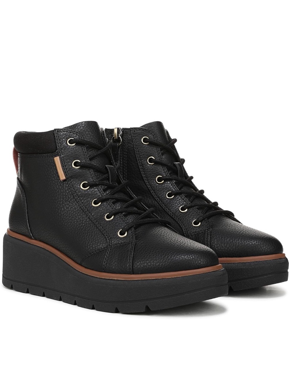 Dr. Scholls Women’s Black Lace-Up Wedge Ankle Boots with Brown Trim